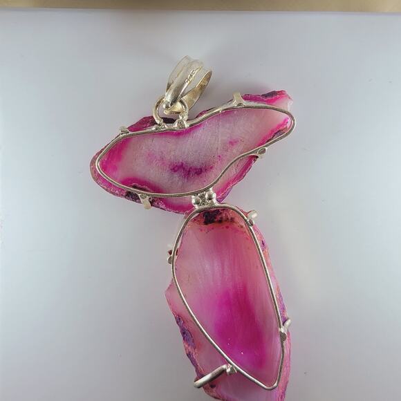 Pink Agate Geode Slice Sterling Silver Pendant 2.5" Eye Pattern Drop - Picture 4 of 10